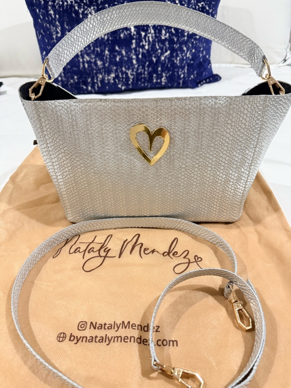 Nataly Mendez Silver Leather Handbag with Gold Heart-Accent Detail